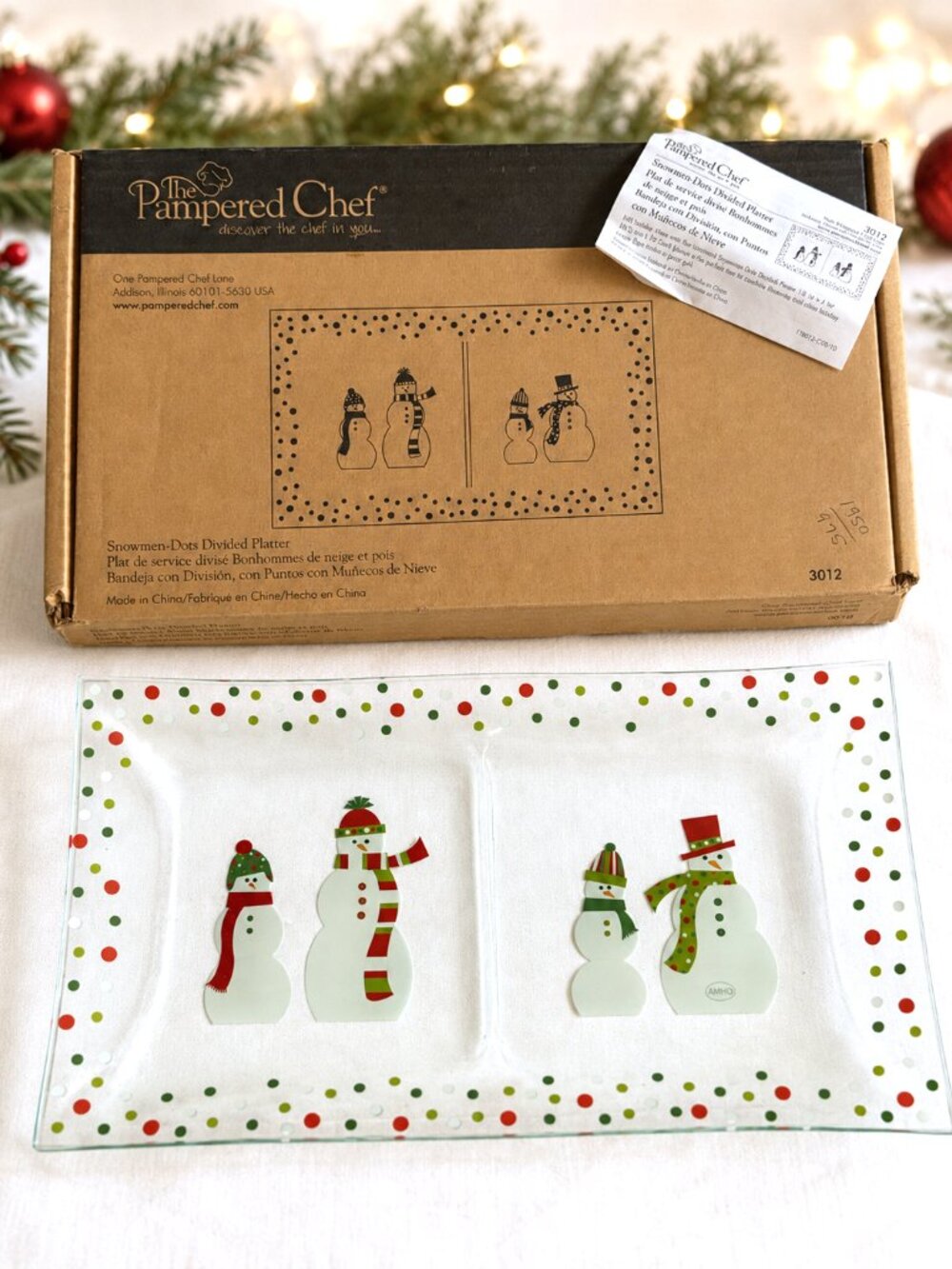 Pampered Chef Snowmen Dots Divided Glass Platter 3012 NIB Christmas retired
